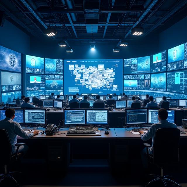 Broadcast control room in operation